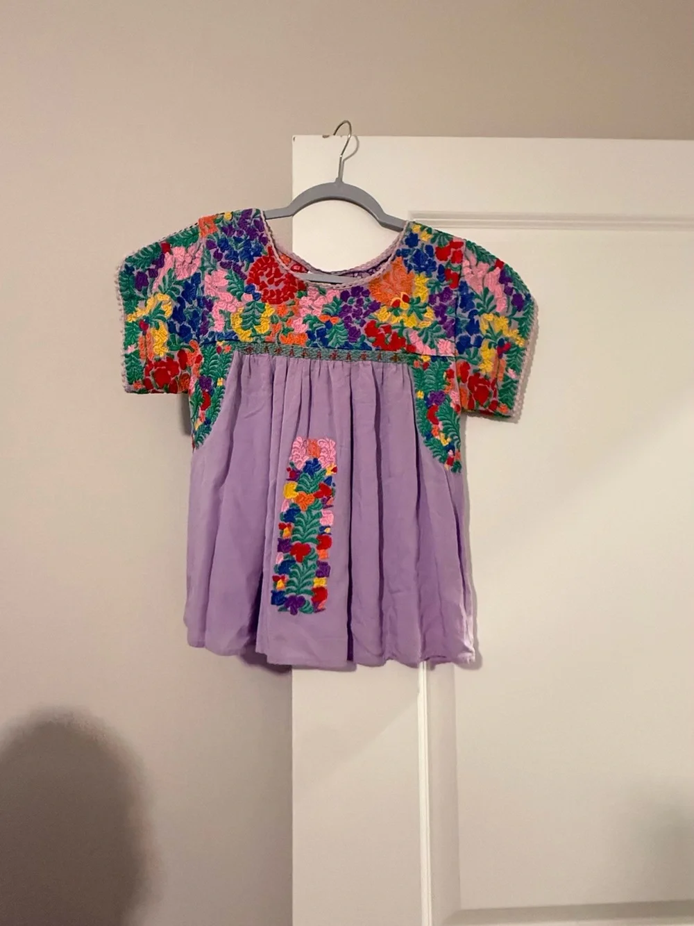 Lavender Mexican Embroidered Peasant Top - Picture 1 of 5
